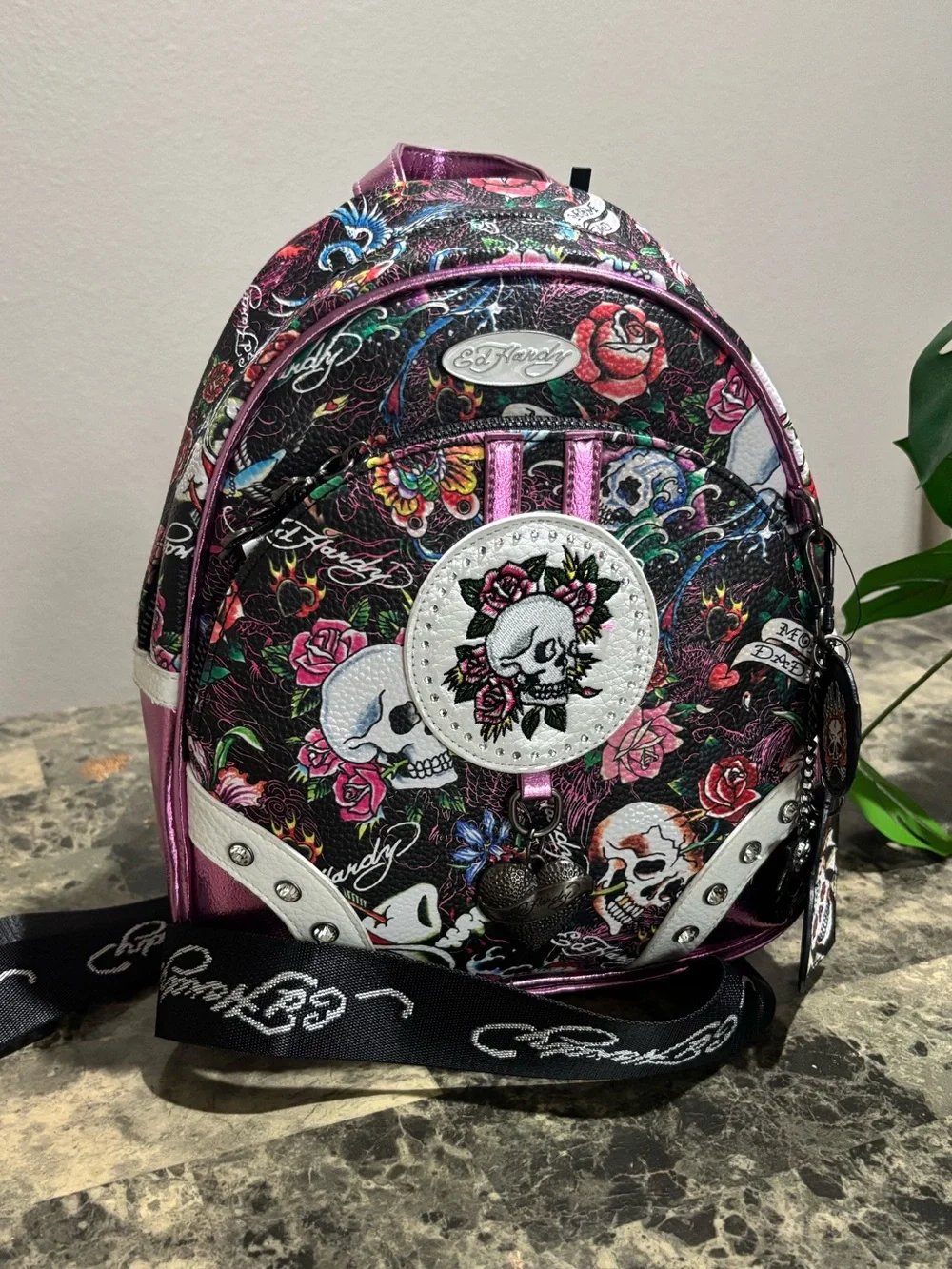 Ed Hardy Black Floral Skull Mini Backpack with Pink Accents